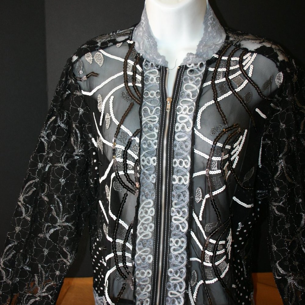 Jaipur Black & Gray Lace Sequin Zippered Jacket Size L  R-219
